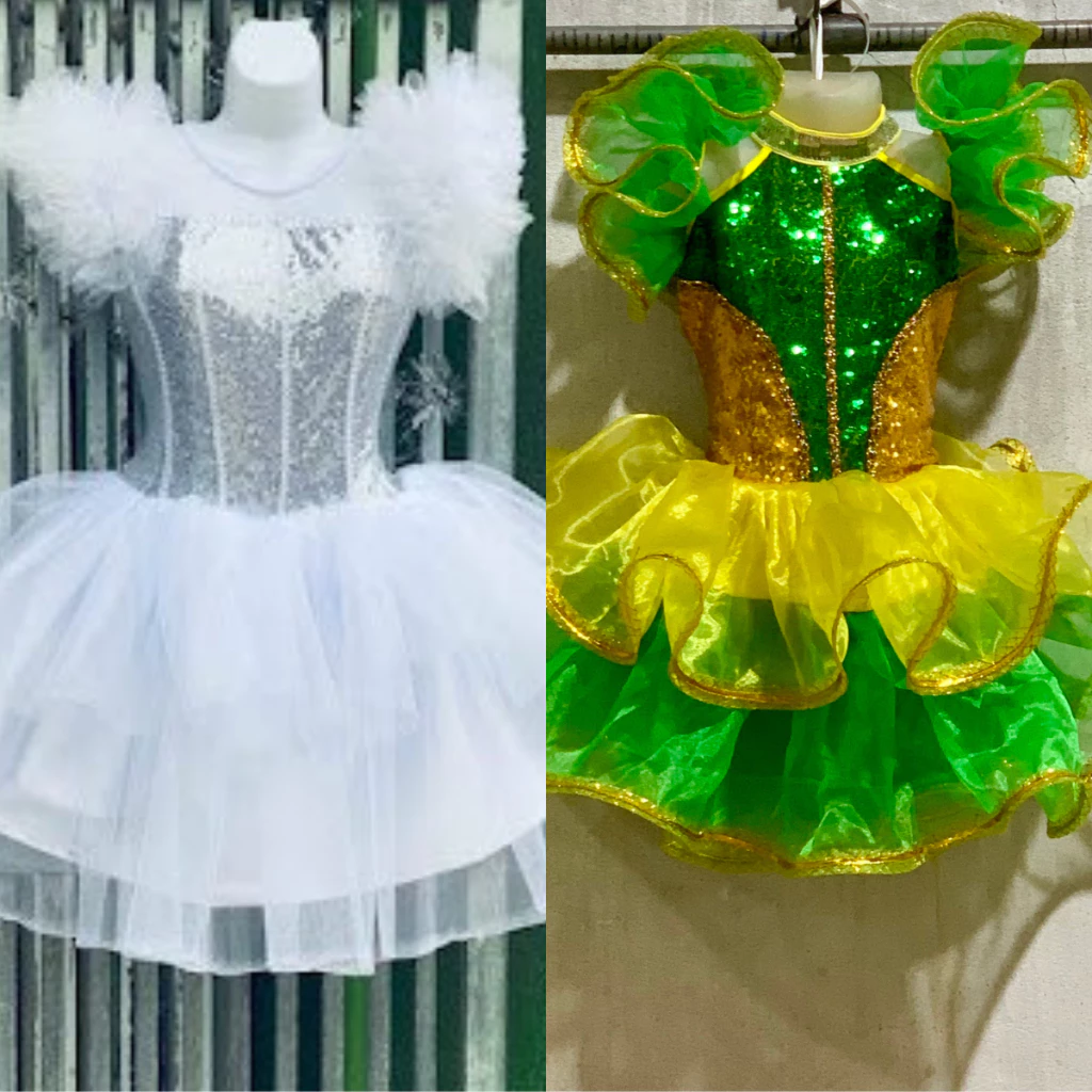 Trang phục biểu diễn múa văn nghệ cho bé tay xoè bồng duyên dáng, Trang phục nhảy cho bé gái biểu diễn màu Xanh và Trắng
