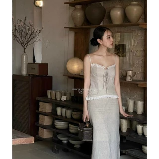 Set áo hai dây linen viền ren và chân váy midi - Remi Set