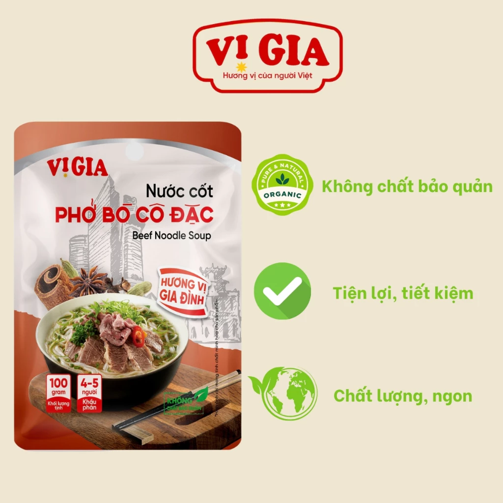 Nước Cốt Phở Bò cô đặc Vị Gia 100g, thơm ngon chuẩn vị, an toàn, tiết kiệm, 100% nói không với chất bảo quản. Vị GiaFood