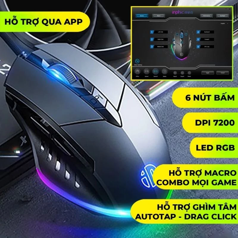 Chuột máy tính gaming TEKKIN INPHIC W1 PRO 7200 DPI bản có dây tắt âm silent Led RGB