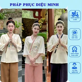 Pháp phục, Bộ Lam đi chùa vạt chéo thêu hoa đào vải đũi thái, tay lỡ phối viền 3 màu - Pháp Phục Diệu Minh