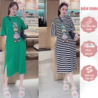 ĐẦM XINH V701-Váy bầu chất cotton mềm mát thiết kế dáng suông in hình vịt đáng yêu màu sắc sang chảnh phong cách trẻ