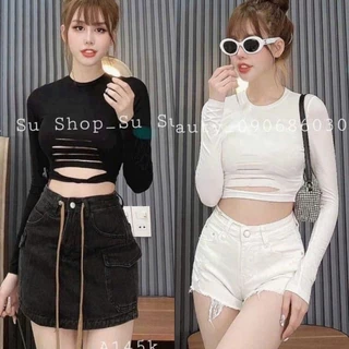 Áo thun croptop tay dài xẻ eo