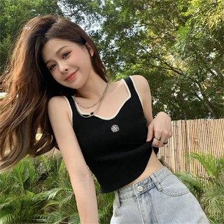 Áo croptop 2 dây bản to thêu hoa trà giản dị 🌸Freeship🌸 Áo ba lỗ nữ chất thun gân cao cấp thời trang nữ (GDBT)