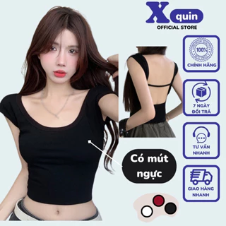 Áo croptop nữ ngắn tay cổ vuông dáng ôm body khoéc lưng dây ngang có mút ngực sexy quyến rũ Xquin