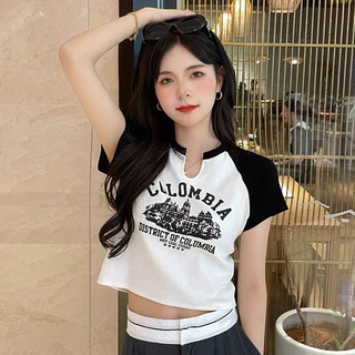 Áo thun croptop tay phối janglang ngắn tay chữ COLOMBIA in to giữa ngực - Áo croptop cổ giọt lệ mẫu mới hottrend 2024