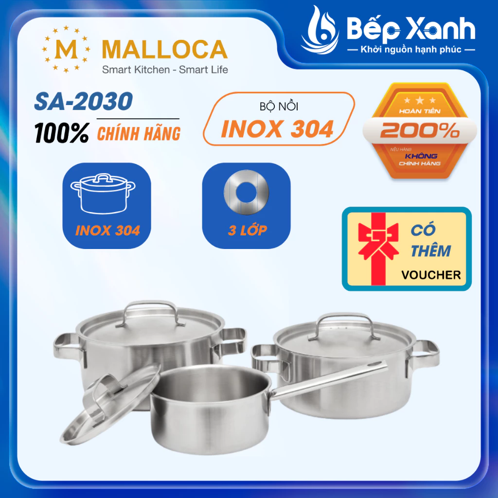 Bộ nồi inox cao cấp 3 lớp Malloca SA-2030 (6 món)