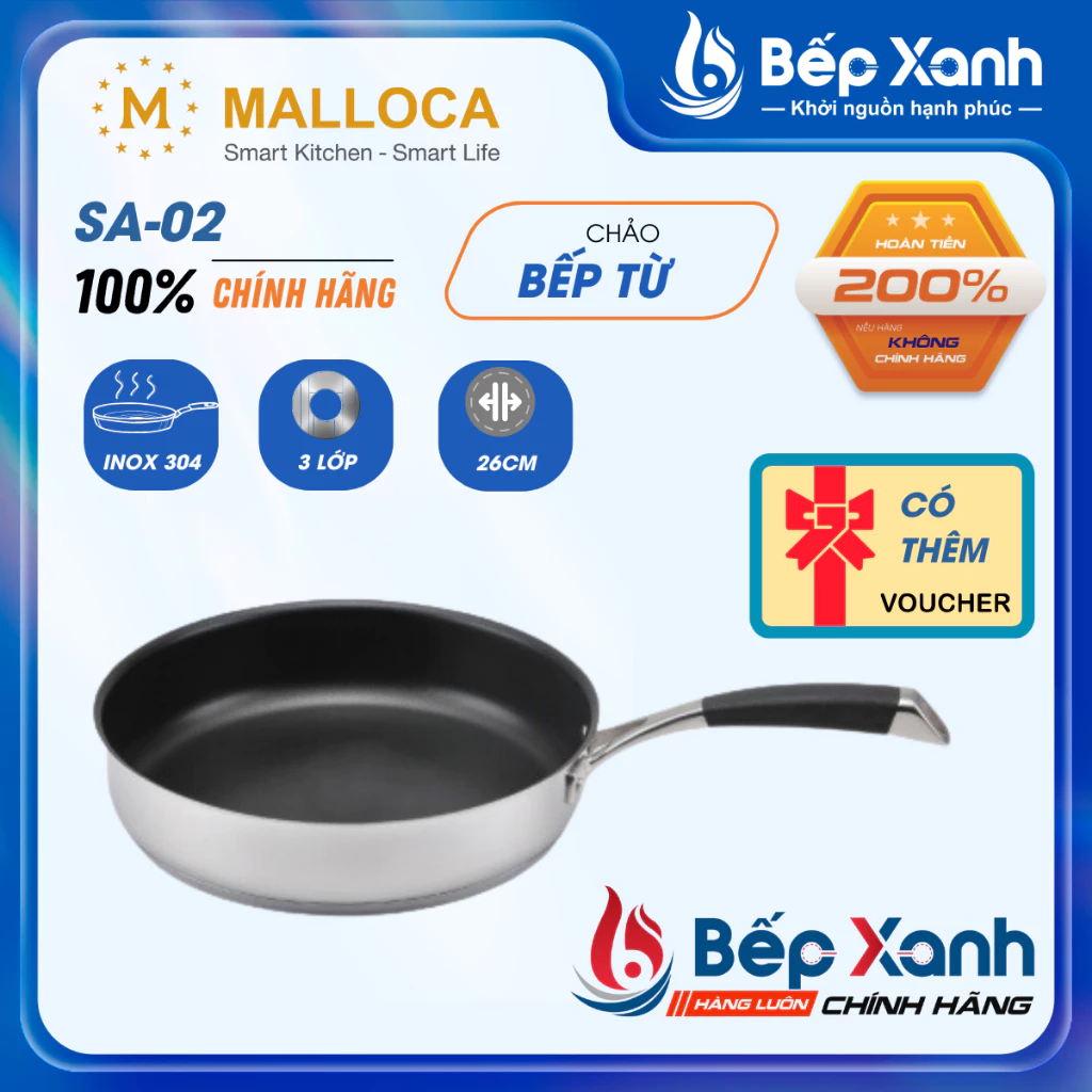 Chảo chống dính Malloca SA-02 26cm - Inox 3 lớp cao cấp