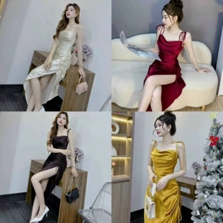 Đầm thời trang nữ sexy chất lụa satin có lót áo 2 dây maxi nhún chéo xẻ tà phù hợp đi chơi hẹn hò dạo biển