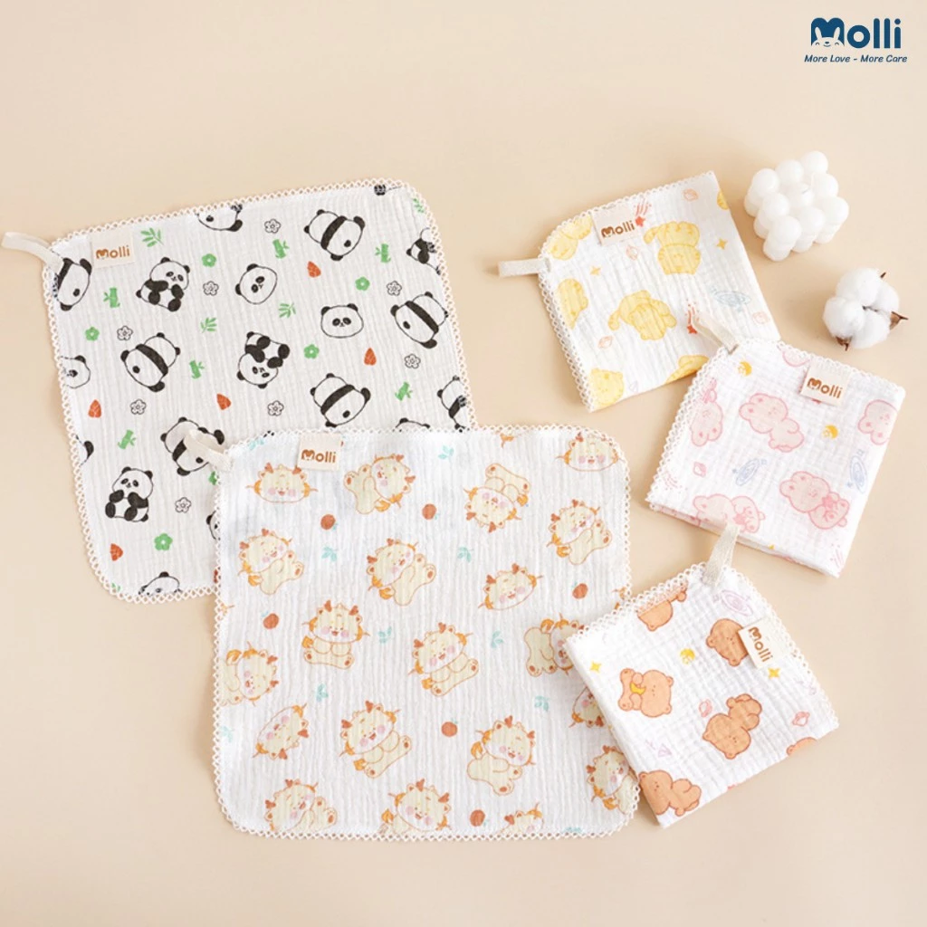 Khăn xô sữa cho bé Molli vải sợi muslin cao cấp, mềm mịn với nàn da bé kích thước 30 x 30 cm