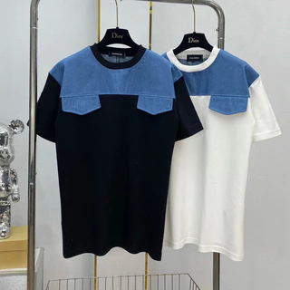 Áo phông nam nữ Premium Cotton phối vải bò xanh nắp túi in vạch chữ Dsq2 cam sau lưng rẻ hot trend 2024