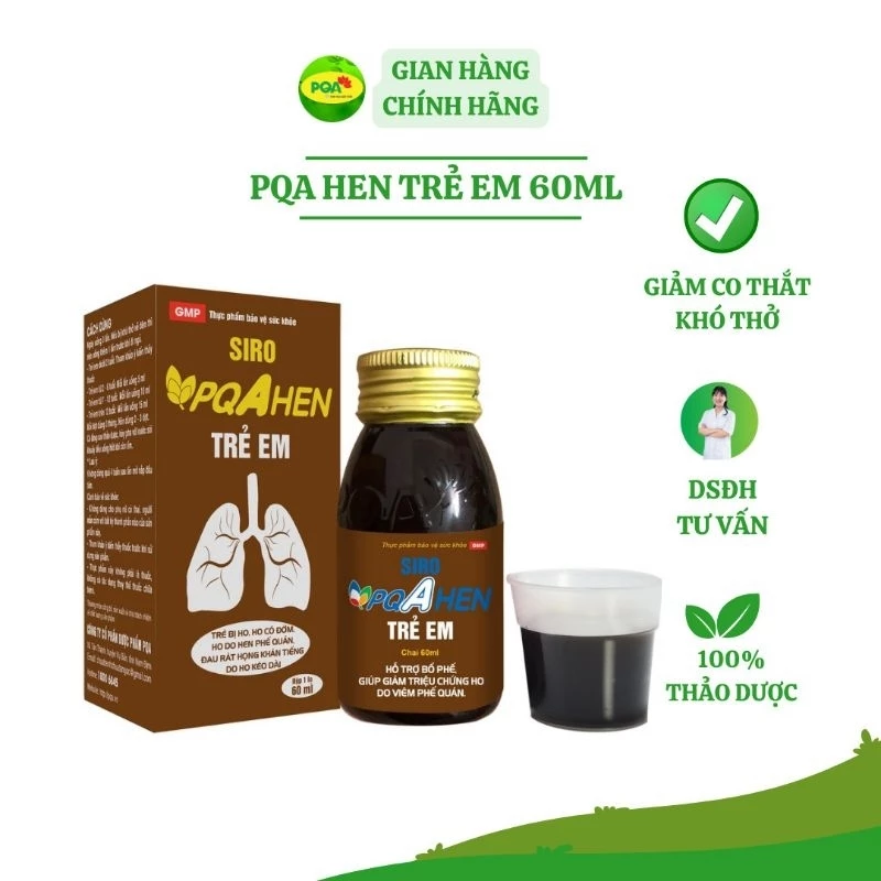 Siro PQA Hen Trẻ Em 60ml: ho, khò khè, khó thở do viêm phế quản, hen phế quản.