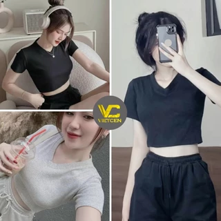 Áo thun croptop nữ tay ngắn cổ tim ôm chất tăm co dãn nhẹ mềm mát cá tính A004 VIETCEN