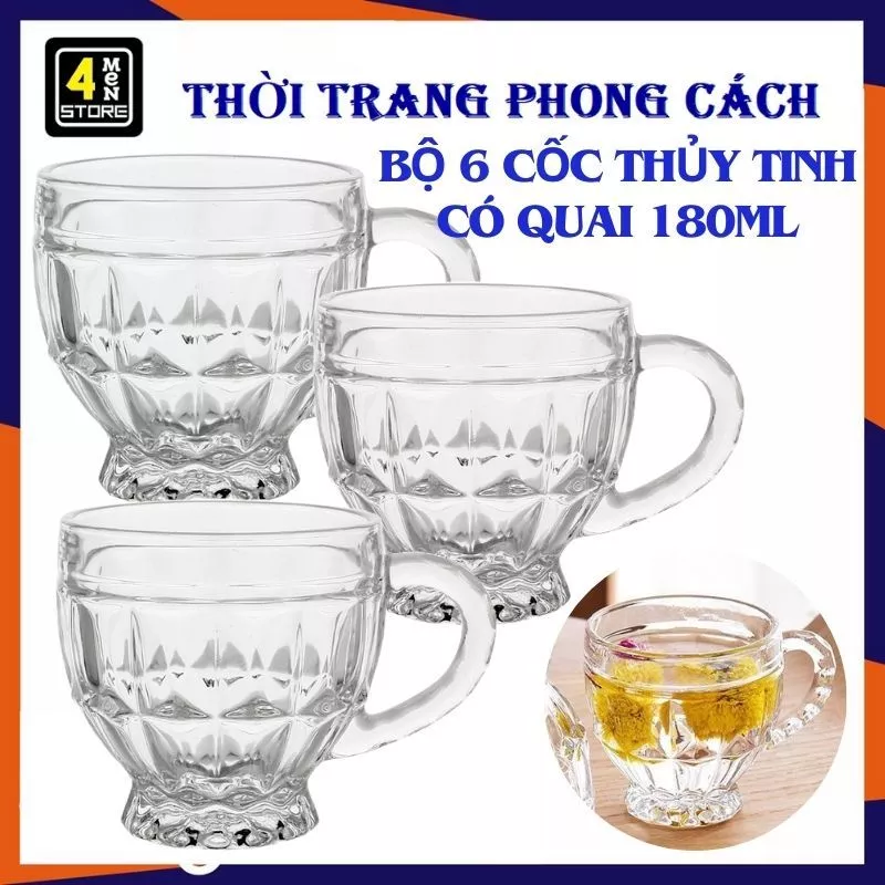 SET 6 Cốc Thuỷ Tinh Cute Uống Nước Có Quai Chịu Nhiệt - Ly Uống Cà Phê - Ly Thủy Tinh Cao Cấp Kiểu Hàn Quốc 180ML