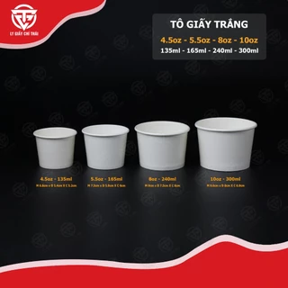 SET 50c Tô Giấy Trắng, Bát Giấy Trắng 135ml/165ml/240ml/300ml Kèm Nắp Tùy Chọn.