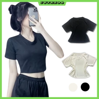 Áo thun croptop nữ tay ngắn cổ tim ôm chất tăm co dãn nhẹ mềm mát cá tính A004 CUTEZOO