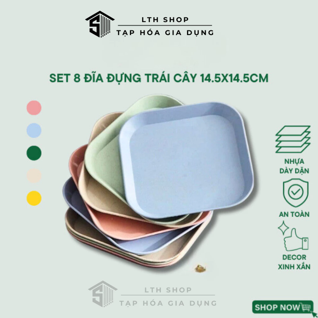 Set 8 đĩa đựng hoa quả, đồ ăn bằng nhựa dáng vuông size 14.5cm - Đĩa lúa mạch nhiều màu decor bàn ăn xinh xắn LTH Shop