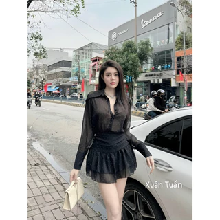 Set váy sơ mi đen bling đính full đá sang chảnh hotgirl mặc được hai kiểu áo tay dài dáng rộng phối chân váy tầng xoè