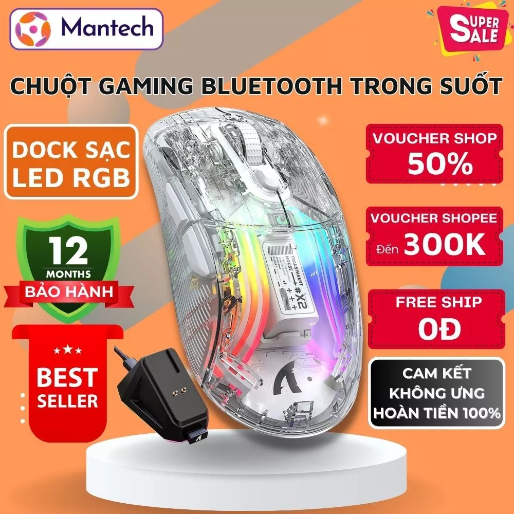Chuột Bluetooth Không Dây Trong Suốt X2 Pro LED RGB 3 Mode Kết Nối Cực Nhanh, Pin Sạc Dùng 20 Ngày