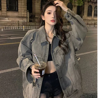 Áo khoác jean ulzzang denim nữ rách cá tính, áo khoát jacket nữ chất denim phong cách retro A71