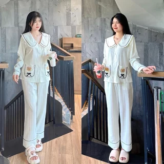 Pijama nữ mặc nhà LX1 set bộ LỤA XỐP tay dài quần dài thiết kế Túi 2 bên có họa tiết Gấu dễ thương