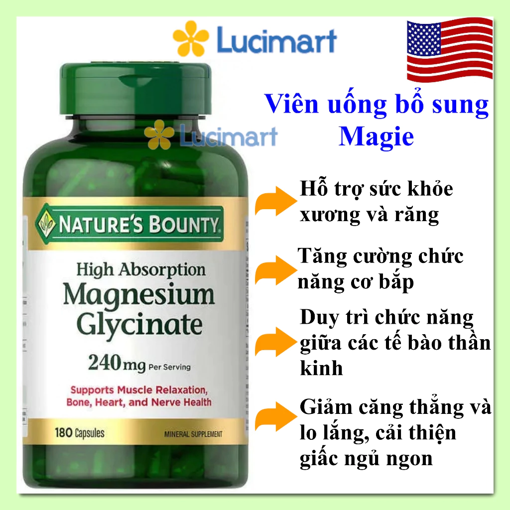 Viên uống bổ sung Magie Magnesium Glycinate 240mg hũ 180 viên [Hàng Mỹ]