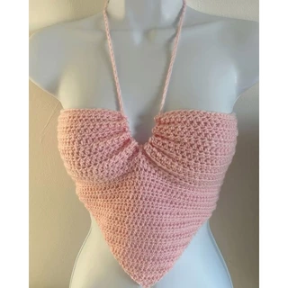 áo top crochet handmade bằng len màu hồng ( sẵn mút, nhận đổi màu)