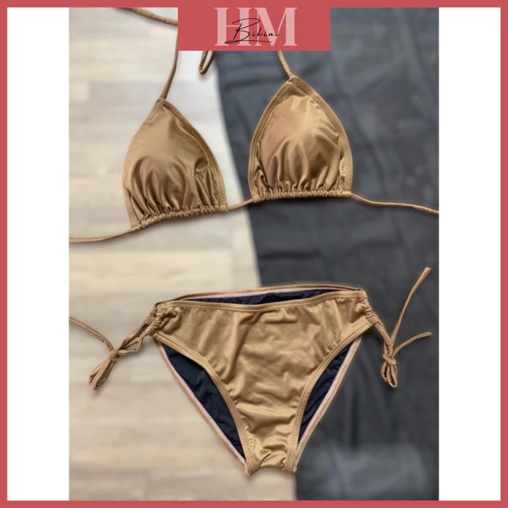 Bikini, đồ bơi 2 mảnh tam giác đơn giản màu nâu đồng sáng da (dây dài)