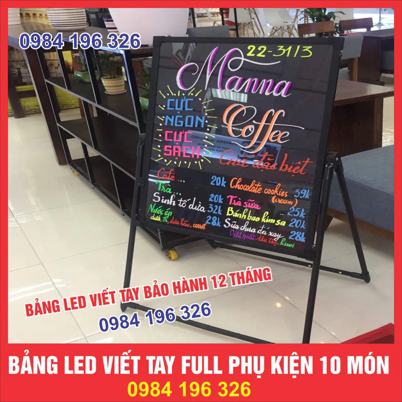 Bảng Led Huỳnh Quang, Bảng Viết Dạ Quang 60x80cm, 50x70cm, 30x40cm ( Tặng kèm chân giá + 10 bút + Điều khiển + khăn lau)