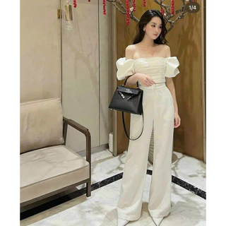 *Set bộ thời trang nữ cá tính chất cotton lạnh dáng áo croptop trễ vai tay ngắn phồng quần dài lưng cao tôn eo dài mixi