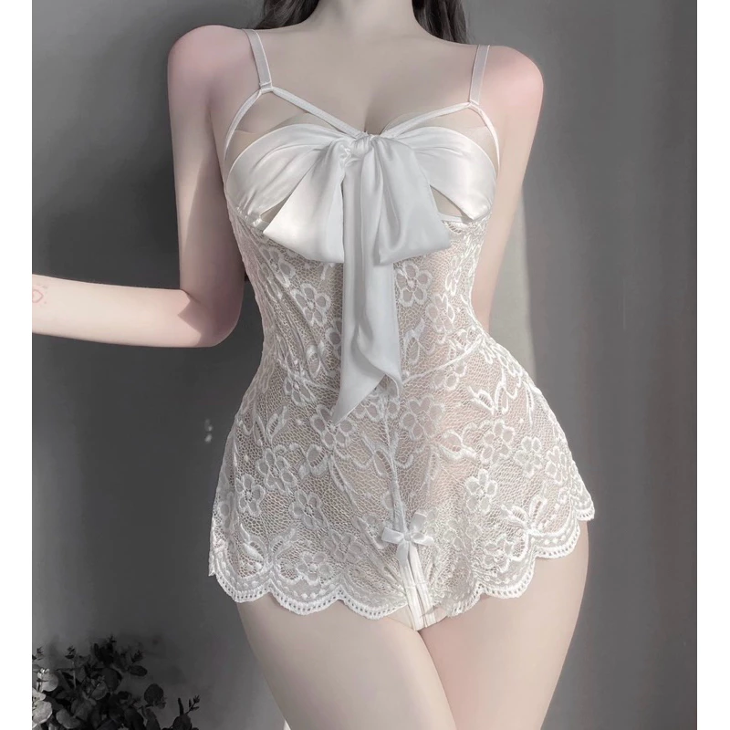 Đồ ngủ sexy bộ bodysuit siêu gợi cảm vải ren mềm buộc nơ ngực quyến rũ