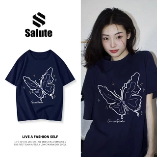 Áo phông cotton nữ local brand Salute áo thun xanh navy form rộng mùa hè bow Y0894