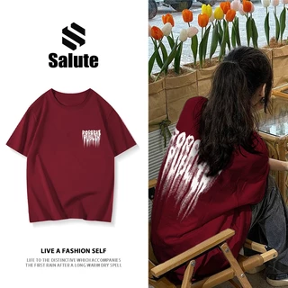 Salute Áo thun Đỏ mận local brand form rộng unisex áo phông cổ tròn nữ vintage In Chữ Y0865