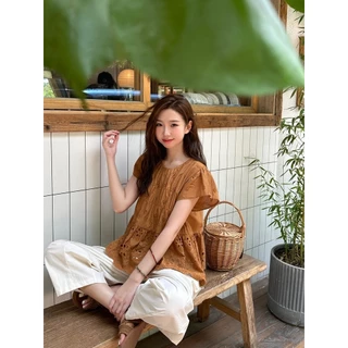 [6165-sẵn hàng] Áo babydoll phối hoa ren nâu thêu phong cách Vintage Hàn Quốc