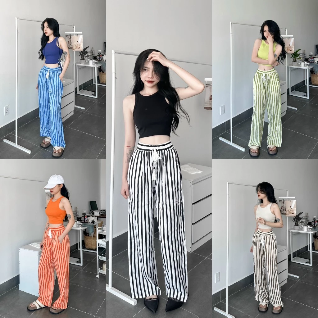 Set áo ba lỗ croptop và quần ống rộng kẻ sọc suông lưng thun nhiều màu mùa hè tươi mát