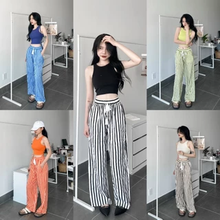 Set áo ba lỗ croptop và quần ống rộng kẻ sọc suông lưng thun nhiều màu mùa hè tươi mát