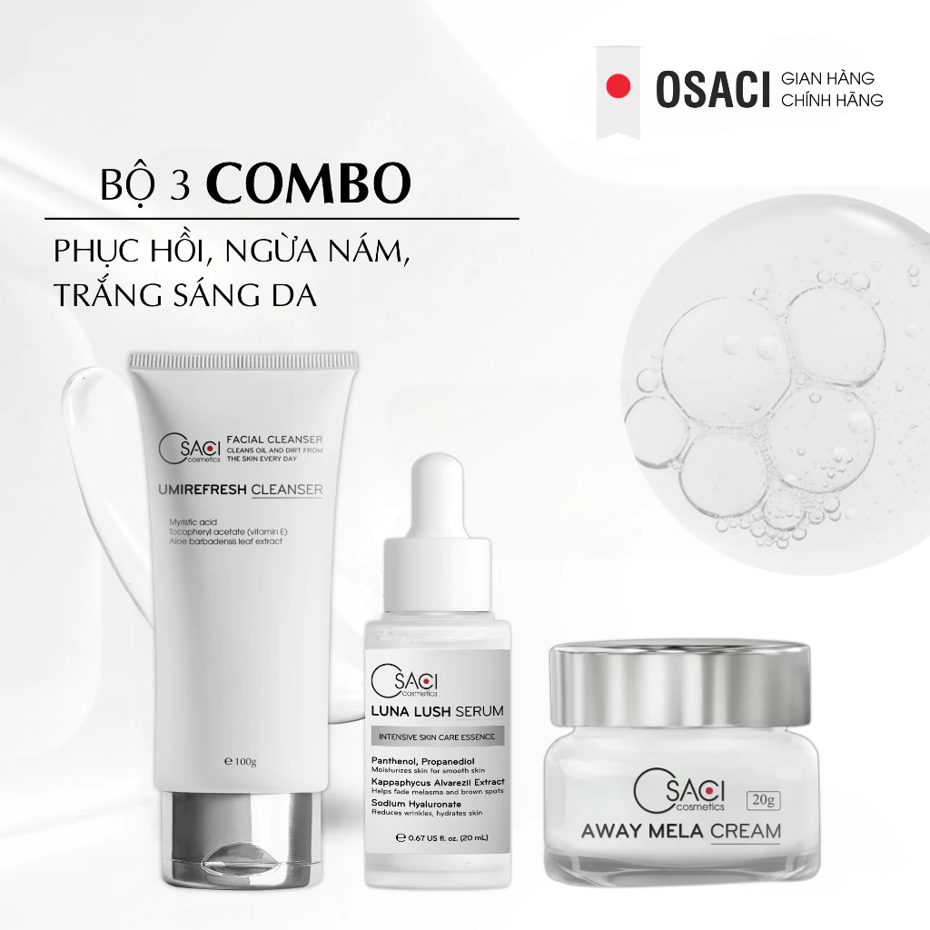 Bộ sản phẩm Ngừa nám trắng da chuyên sâu Osaci gồm Kem Nám 20g + Serum dưỡng 20ml + Sữa Rửa Mặt 100g