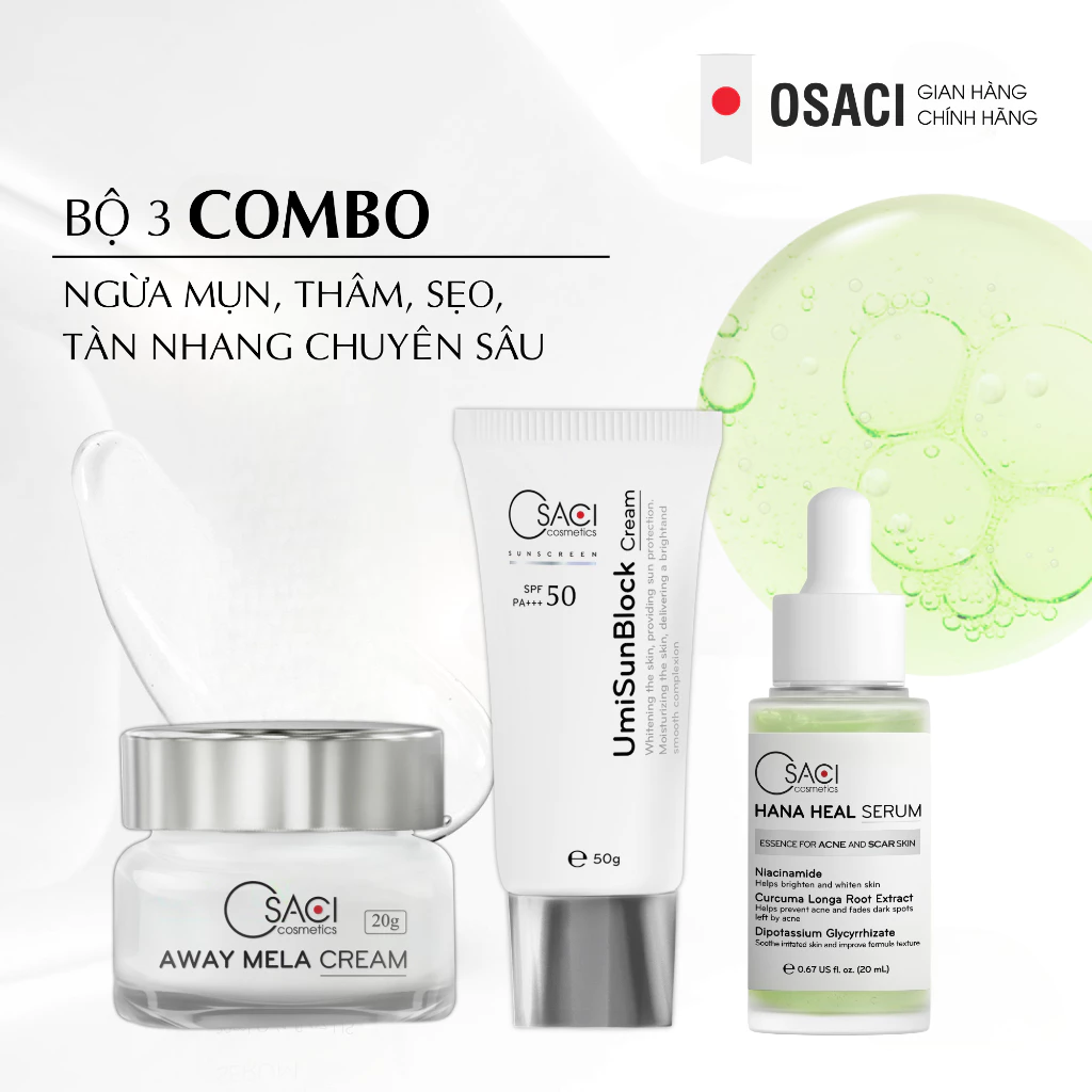 Combo bộ 3 ngừa mụn thâm sẹo Osaci Hana Heal 20ml+Dưỡng trắng Away Mela Cream+Chống nắng UmiSunBlock