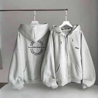 Áo Khoác Hoodie Boxy Xám TÚI NGƯỢC Thêu chữ DESSU vải nỉ bông dày dặn form ngắn khoác ngoài form rộng