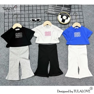 Áo Croptop Rộng Bé Gái Hình In MiuMiu Vải Cotton, Quần Loe Lửng Cho Bé Gái Vải Zip Co Dãn, Phối Set Tulalove