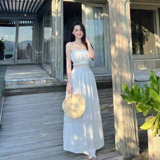 Set Váy Maxi Đi Biển Mix Áo Croptop Chất Cotton Xịn Kèm Chocker Hoa Kiểu Dáng Sexy Quyến Rũ