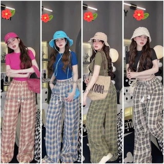 Set bộ quần dài ống rộng caro mix áo croptop tay ngắn cổ tròn chất tăm lạnh phong cách Hàn Quốc