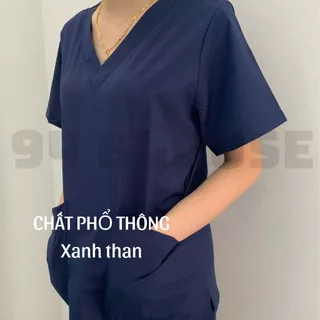 Bộ scrubs - TÍM THAN cổ tim nam nữ VẢI LON NHẬT cho kỹ thuật viên, điều dưỡng, phòng khám, spa, thẩm mỹ viện.