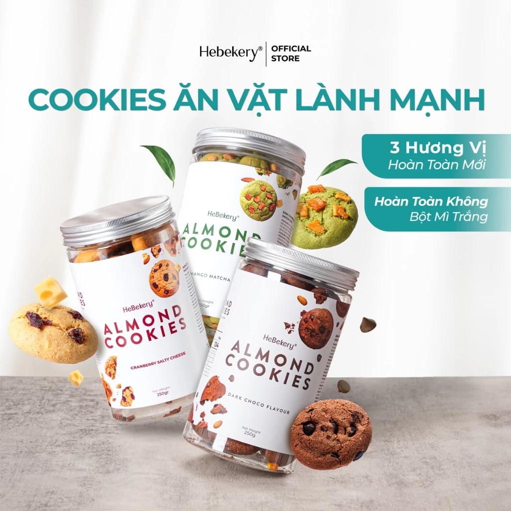 Cookies Hạnh Nhân Nguyên Cám 3 Vị - Dark Choco, Mango Matcha, Cranberry Cheese - Cookie Ăn Vặt Chuẩn Healthy HeBekery