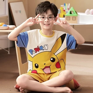 Bộ quần áo trẻ em mùa hè cho cả bé gái và bé trai từ 14-46kg mẫu Pikachu P1, chất cotton mềm mát