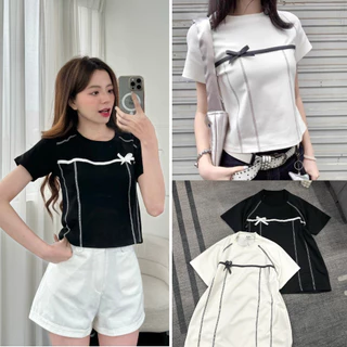 Áo thun baby tee nữ đính kèm nơ thêu chỉ nổi, áo phông nữ form nhỏ chất liệu cotton