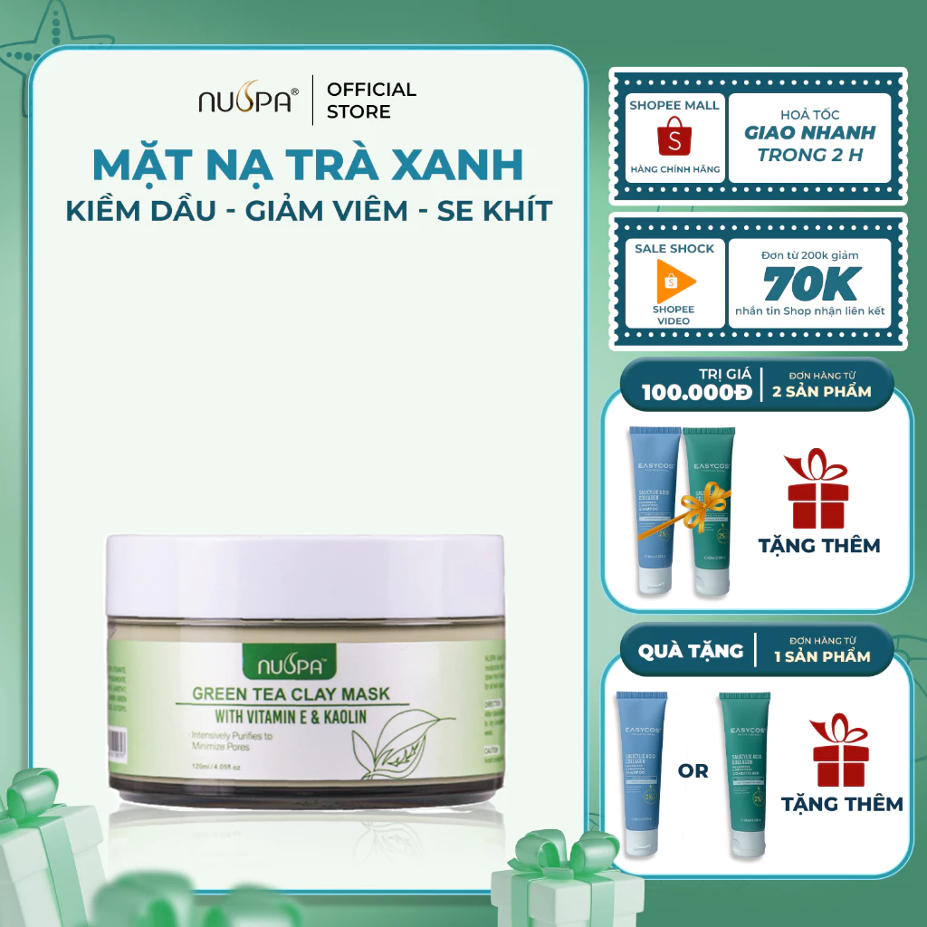 Mặt nạ đất sét trà xanh kiềm dầu, giảm viêm, thu nhỏ lỗ chân lông NUSPA Green Tea Clay Mask 120ml