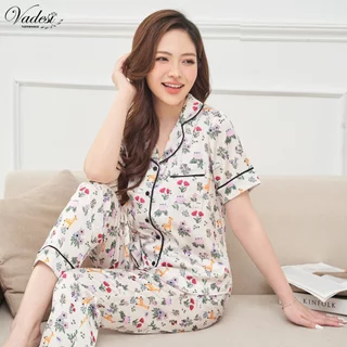 Đồ Ngủ Pijama Nữ VADESI Bộ Quần Dài Áo Cộc Mẫu Hưu Hoa Nhí Chất Lụa Latin Sang Trọng Cap Cấp Thoáng Mát Nhẹ Mềm Mại