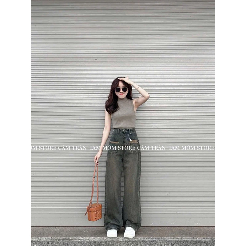 Quần jeans suông ONKIM 2 túi trước vuông pha màu lưng cao tôn dáng chất bò loại 1