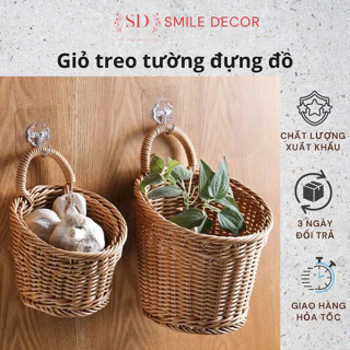 Giỏ nhựa treo tường đựng hành tỏi Smile Decor giả mây , giỏ đựng muỗng đũa , cắm hoa (tặng móc treo)